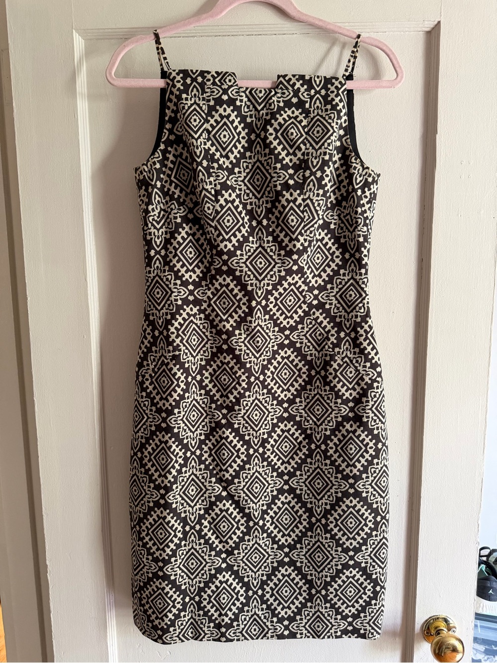 David Meister Black and Cream Geometric Midi Dress